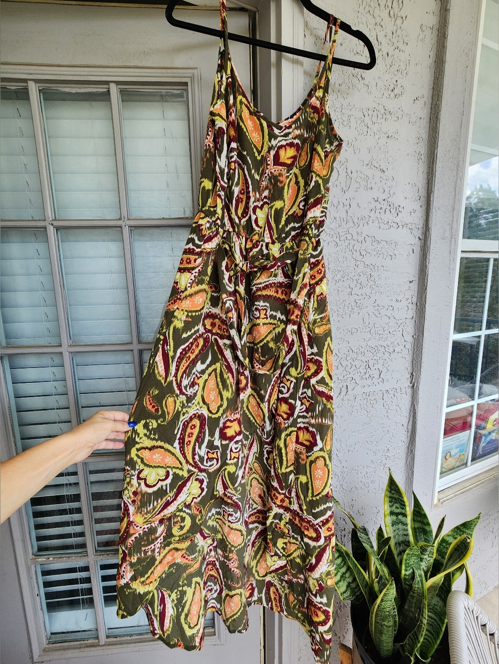 Earthbound Olive Paisley Print Midi Dress with Tie Waist NWT